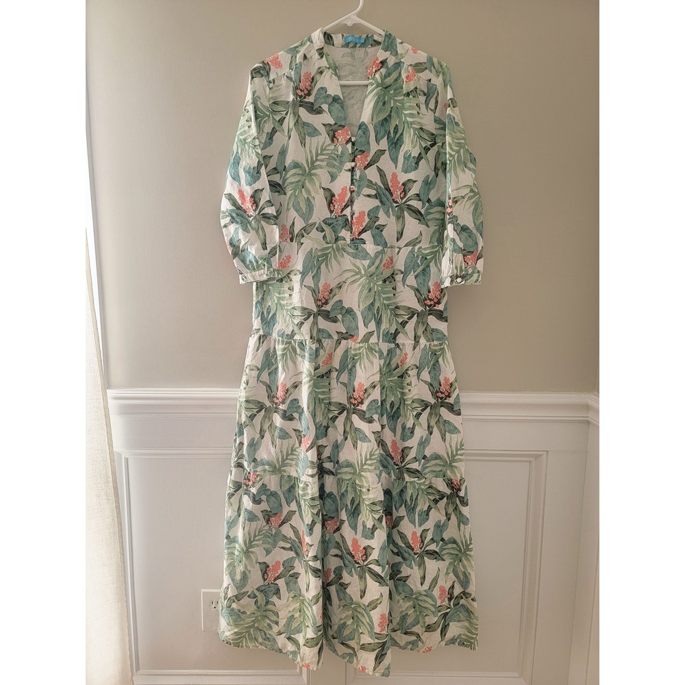J.McLaughlin Tropical Floral Linen Blend Tiered Maxi Dress Green Coral Medium